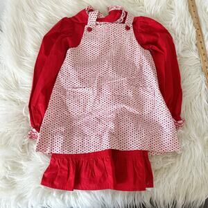 Vintage 70 Red Hearts Handmade Apron Dress Girls Buttons Size 3